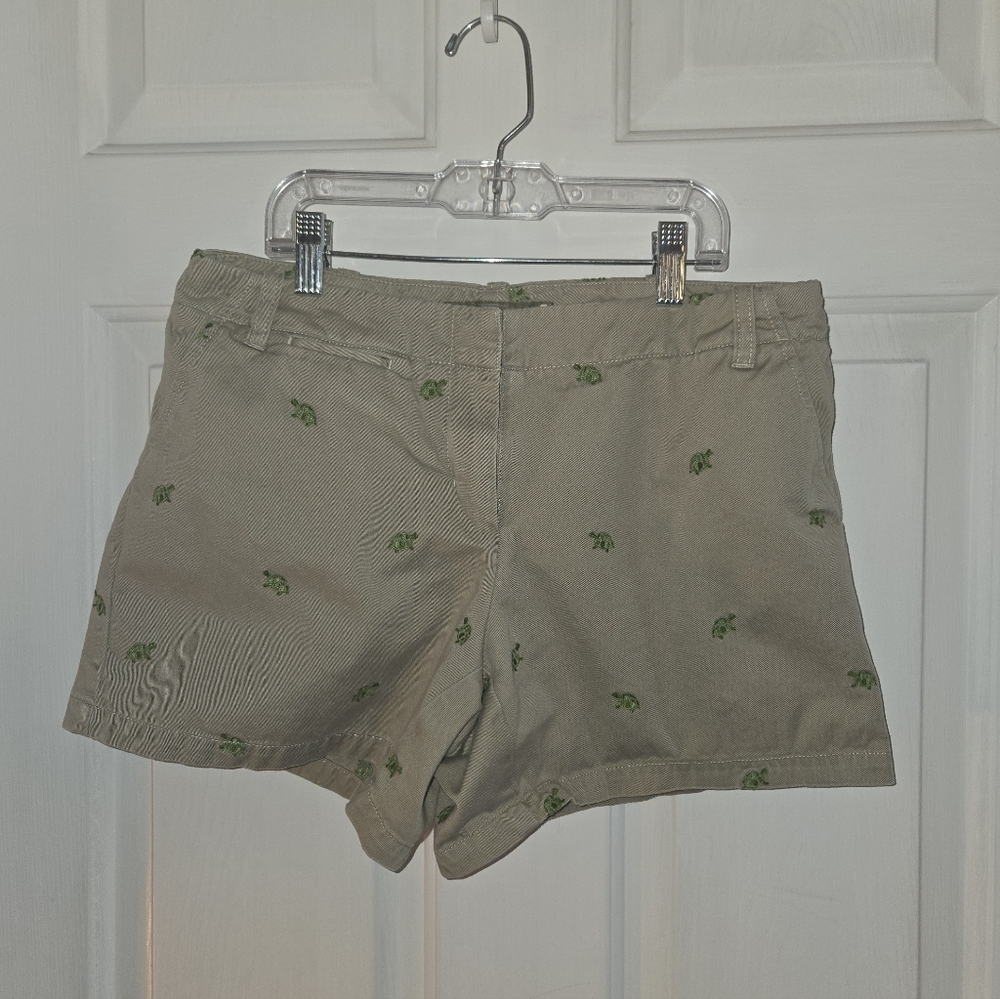 J. Crew Khaki Chino Shorts Beachy Turtle Embroidered Size 4 - Picture 1 of 9